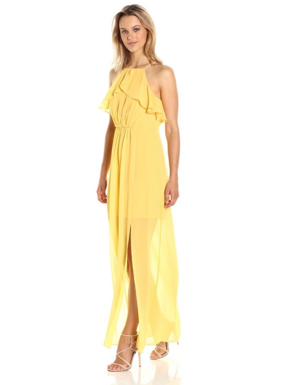 BCBGeneration Maxi Dress Women's Ruffle Halter Sheer Chiffon Formal Honeygold